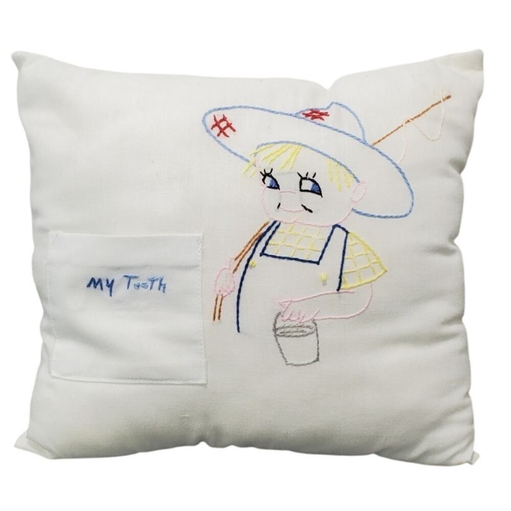 Vintage Hand Embroidered Tooth Fairy Pillow, 9" X 10" X 4", PRE-LOVED